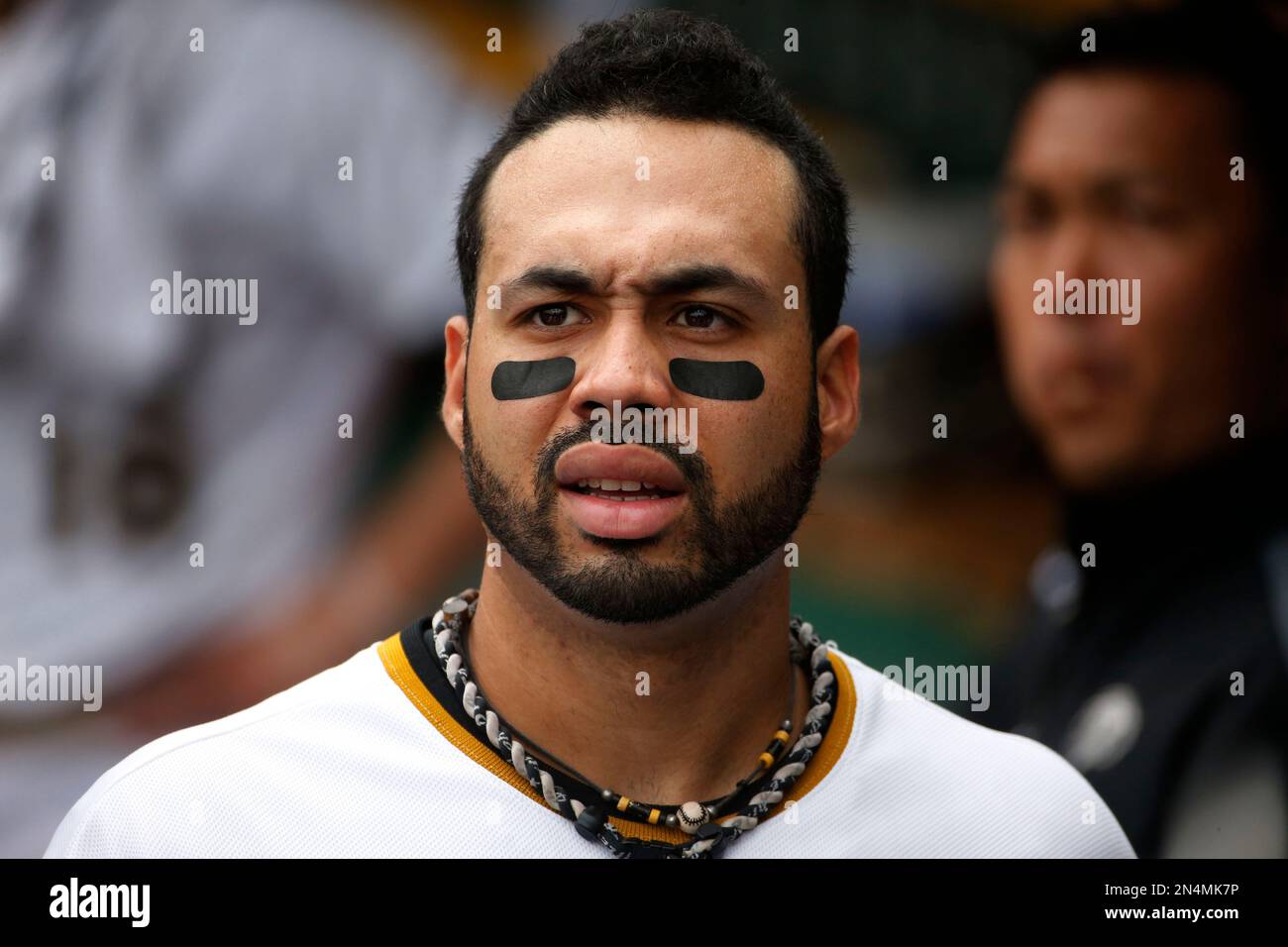 Pittsburgh Pirates' Pedro Alvarez walks in the dugout during a baseball game against the Milwaukee Brewers in Pittsburgh Sunday, June 8, 2014. (AP Photo/Gene J. Puskar) Stockfoto