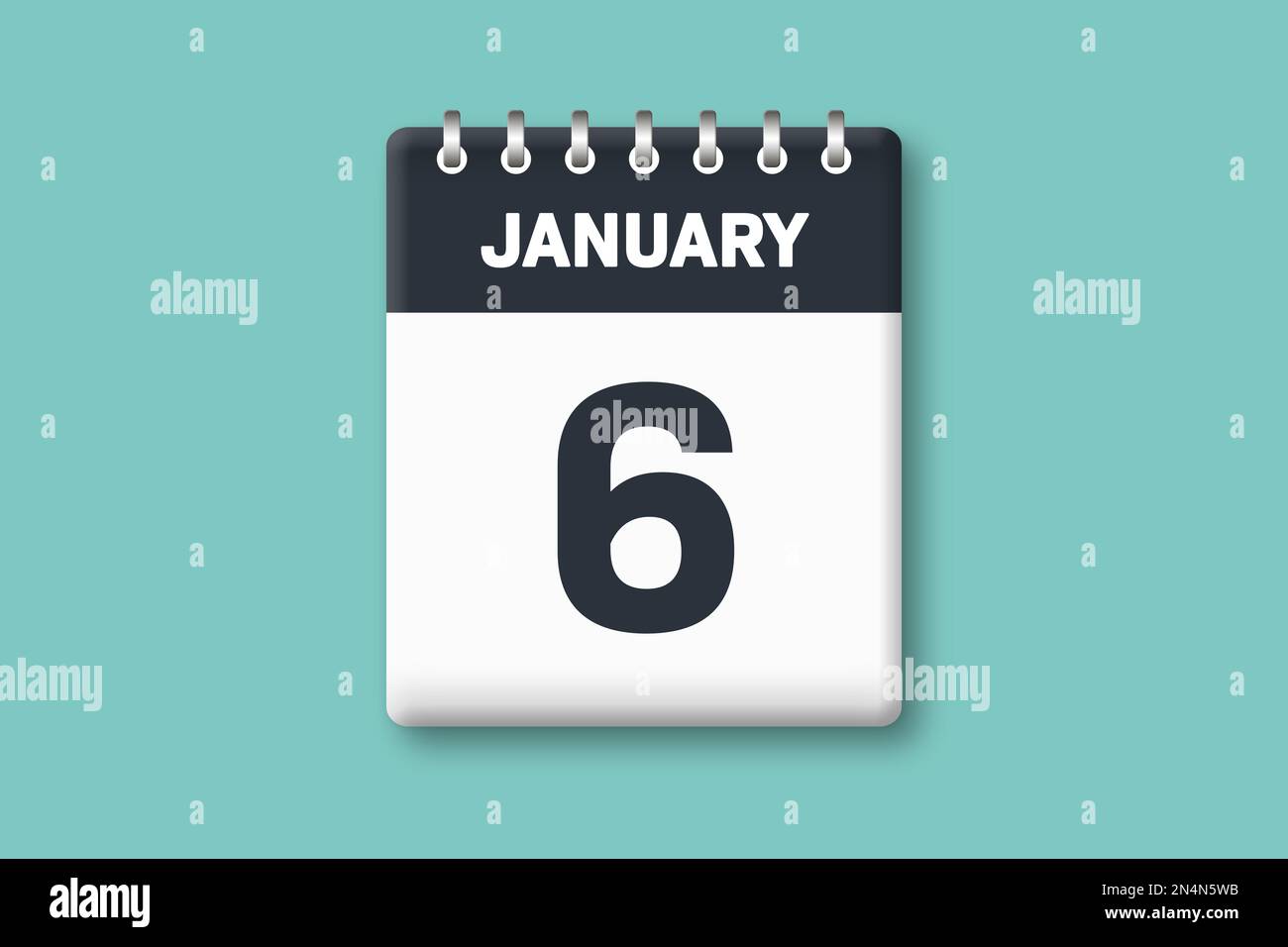 Januar 6 - Kalenderseite/Blatt mit Datum - 6. Januar auf zyanischem/blauem Hintergrund Stockfoto
