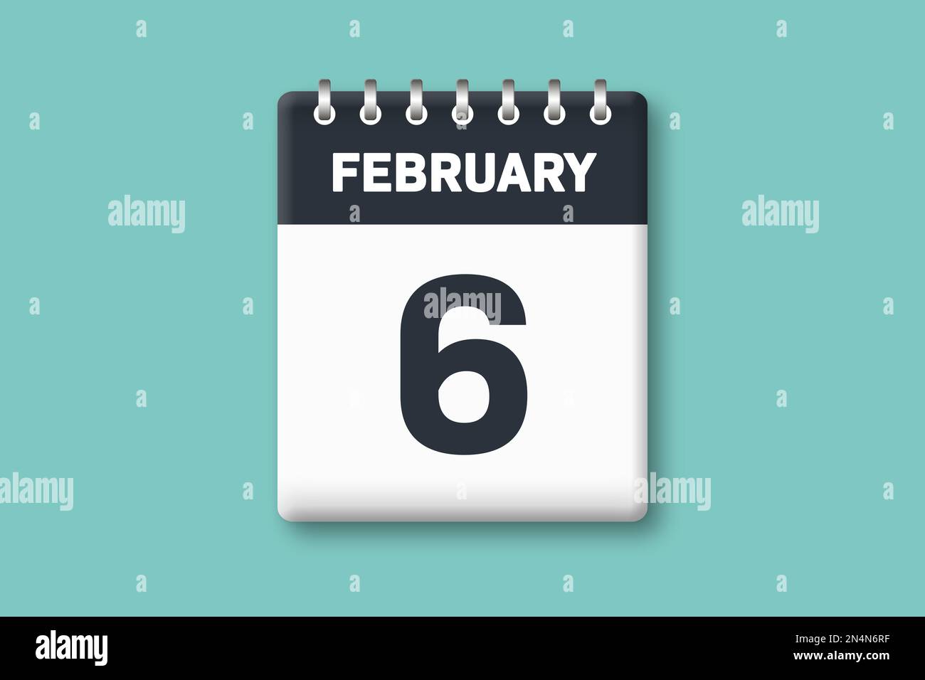 Februar 6 – Kalenderseite/Blatt mit Datum – 6. Februar auf zyanischem/blauem Hintergrund Stockfoto