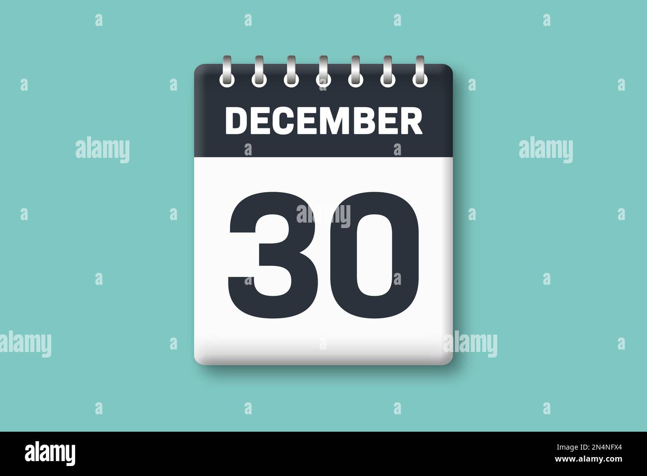 Dezember 30 - Kalenderseite/Blatt mit Datum - 30. Dezember auf zyanischem/blauem Hintergrund Stockfoto