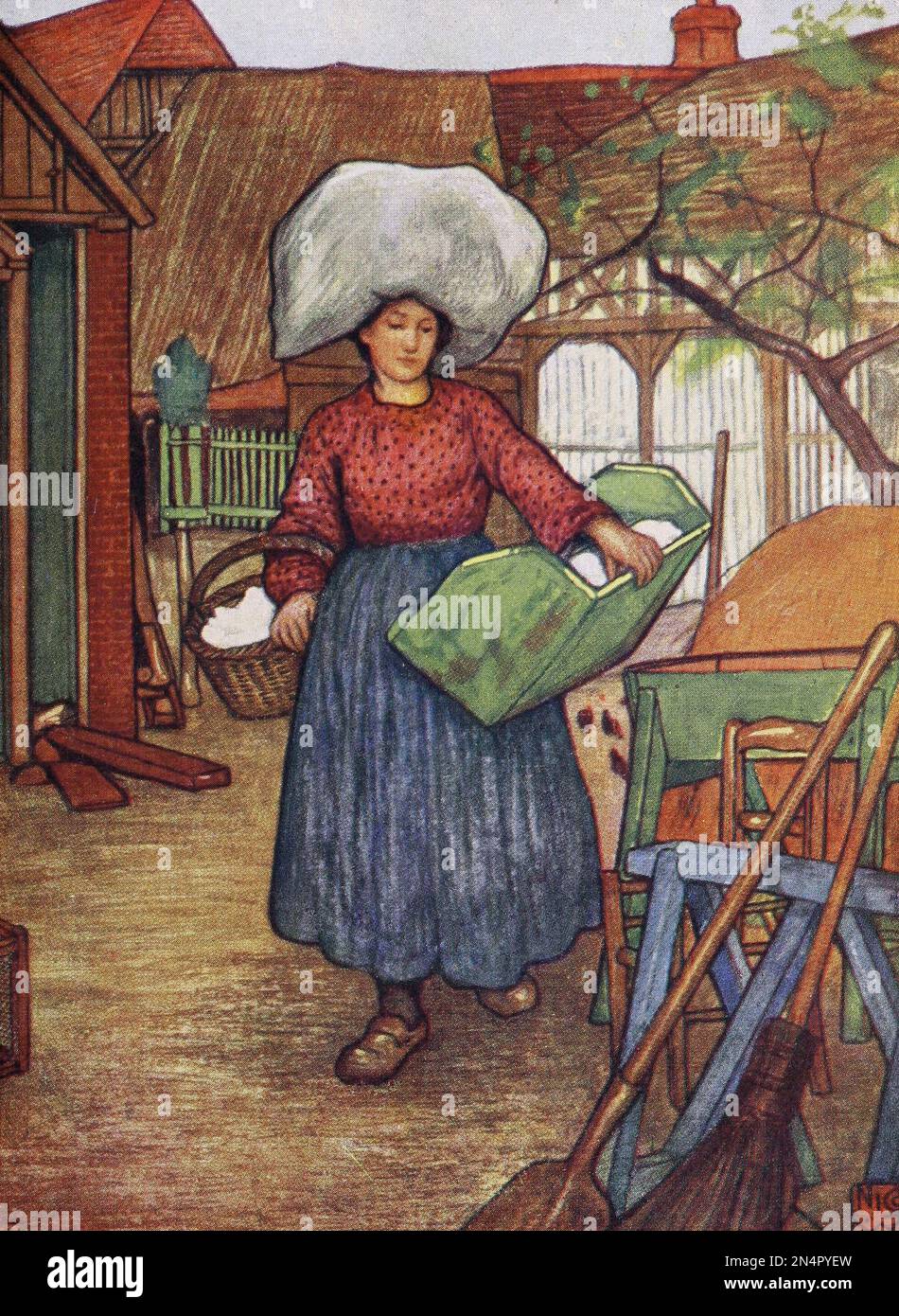 Eine Frau, die etwa 1905 in der Normandie in den Waschschuppen anfing Stockfoto