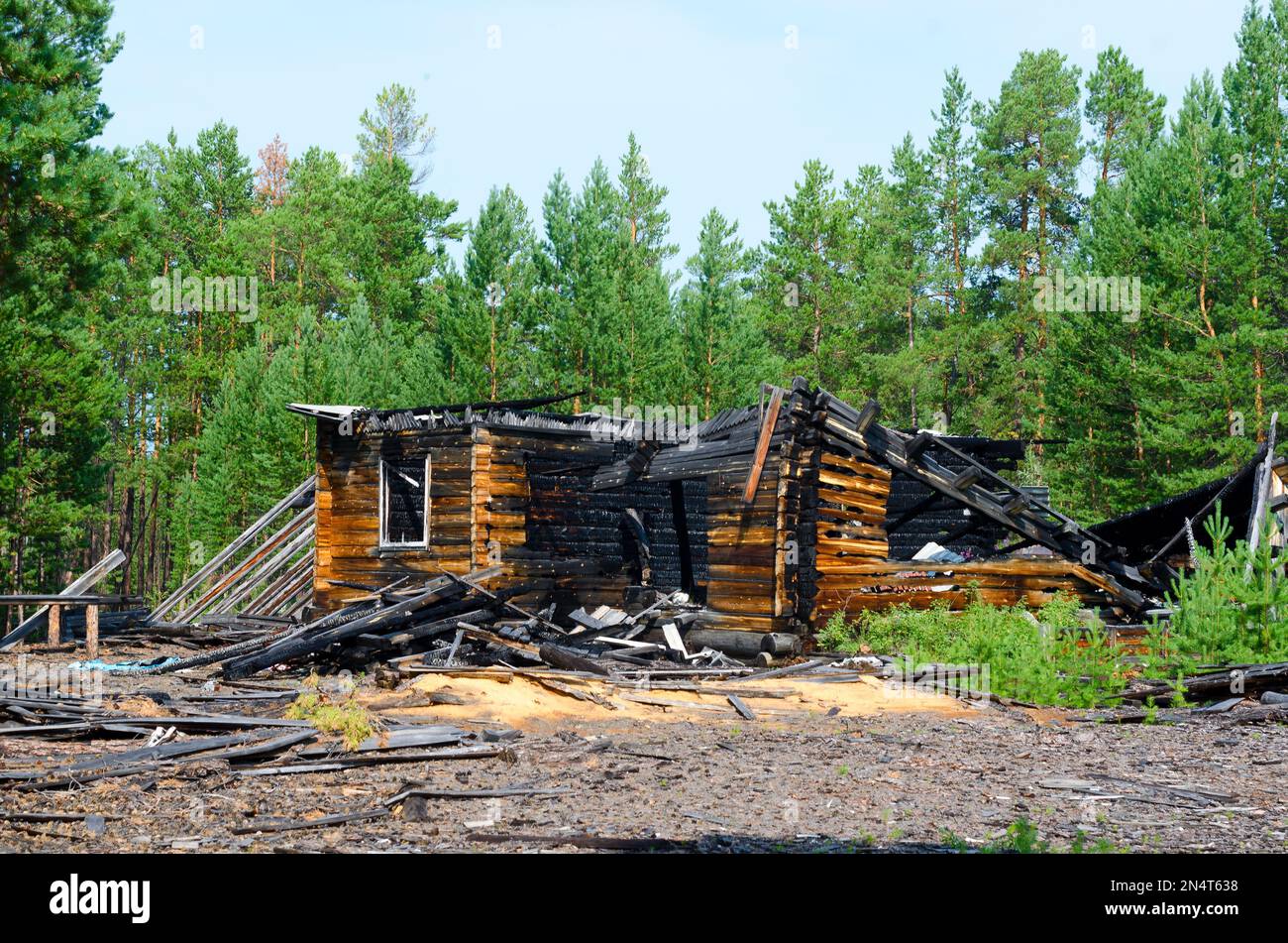 Die Überreste eines gebrannten Holzhauses nach einem Brand ohne Dach mit verkohlten Holzstämmen im Wald der nördlichen Taiga von Yakutia. Stockfoto