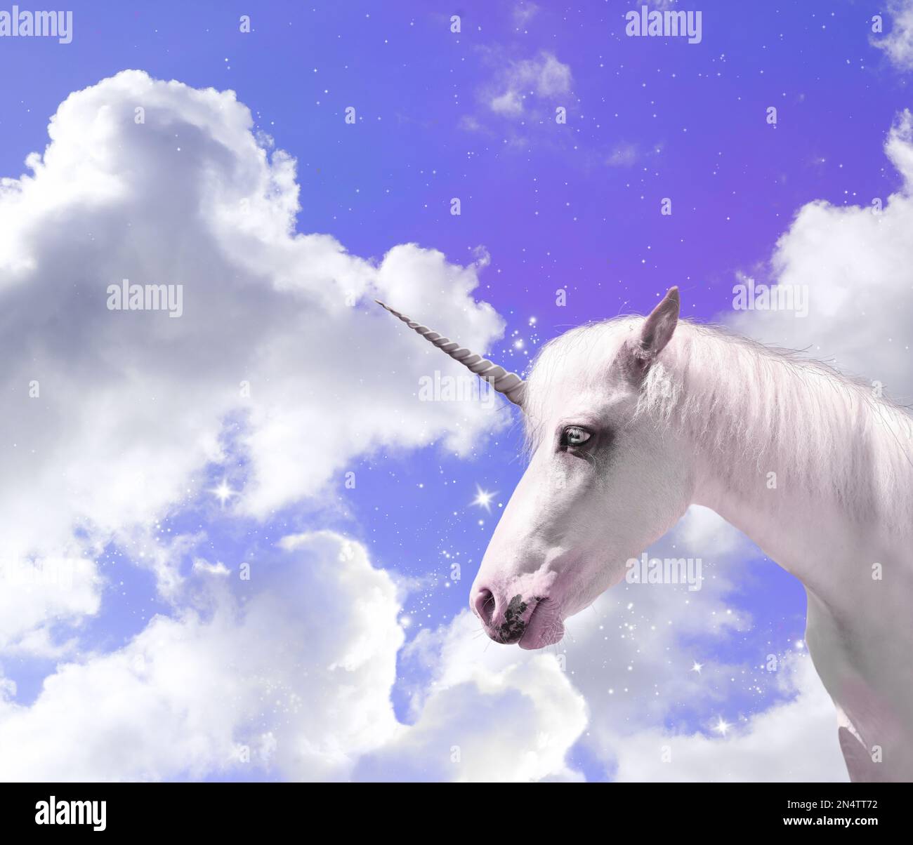 Magisches Einhorn in fantastischem Himmel mit flauschigen Wolken Stockfoto