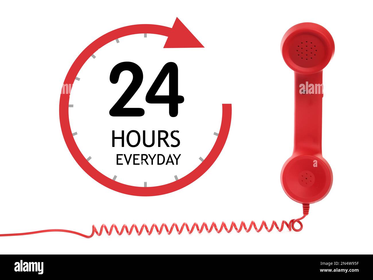 24/7 Hotline-Service. Rotes Mobilteil auf weißem Hintergrund Stockfoto