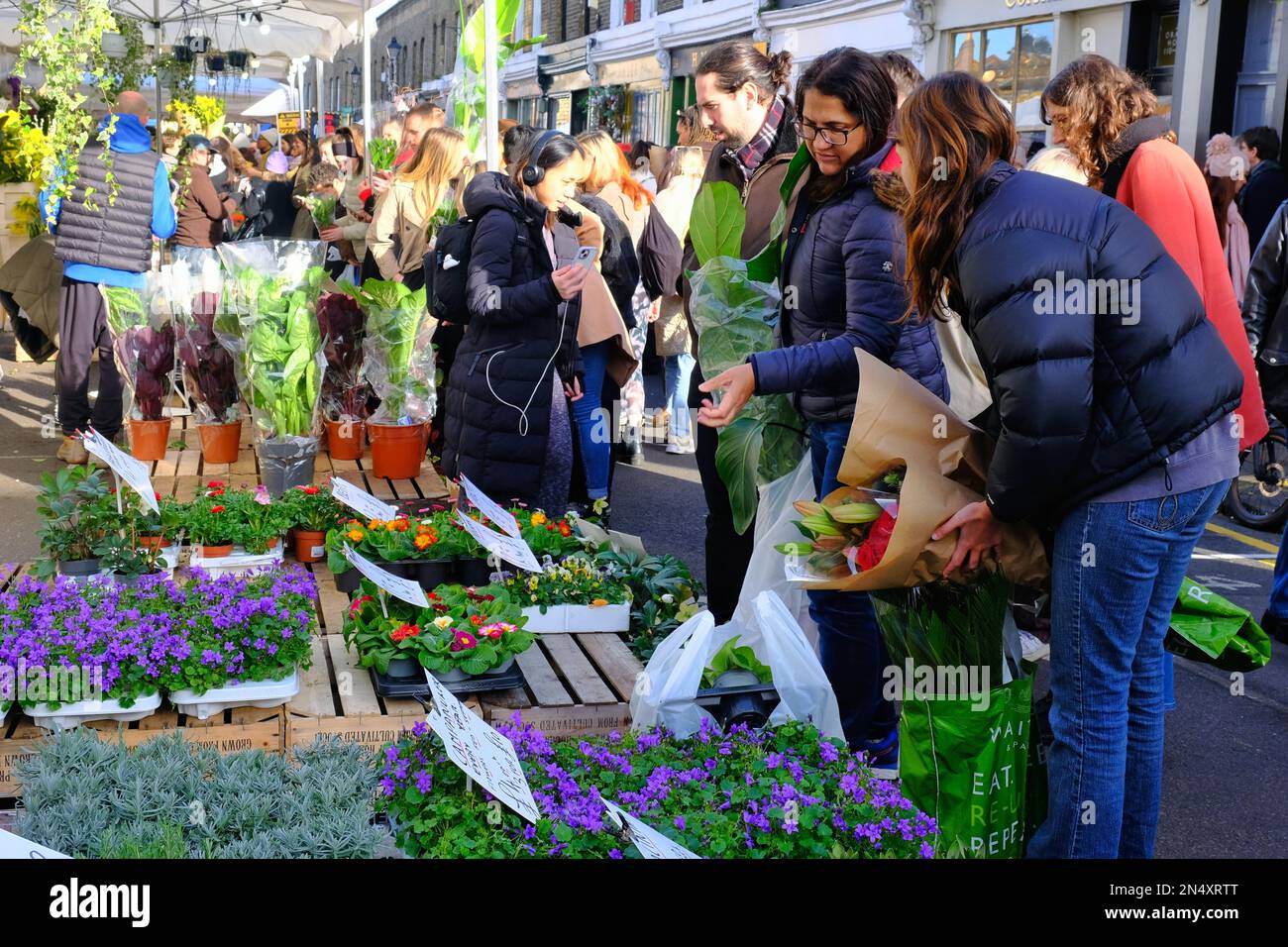 London, Großbritannien. Kunden, die einen Strauß auf dem Columbia Road Flower Market im East End kaufen. Stockfoto