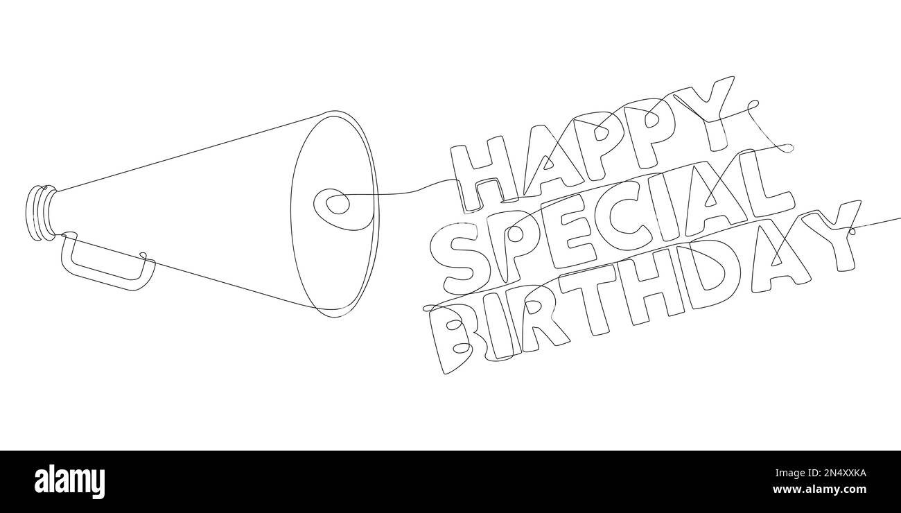 Eine durchgehende Zeile Megaphone mit „Happy Special Birthday“-Text. Vektorkonzept zur Darstellung dünner Linien. Kontur Zeichnen kreativer Ideen. Stock Vektor