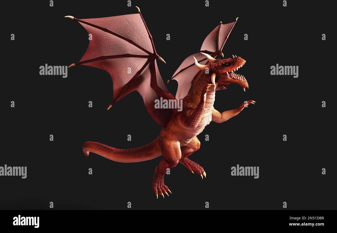 3D-Darstellung eines roten Fantasiedrachen, der isoliert auf schwarzem Hintergrund steht und den Weg zum Schneiden verfolgt. Stockfoto