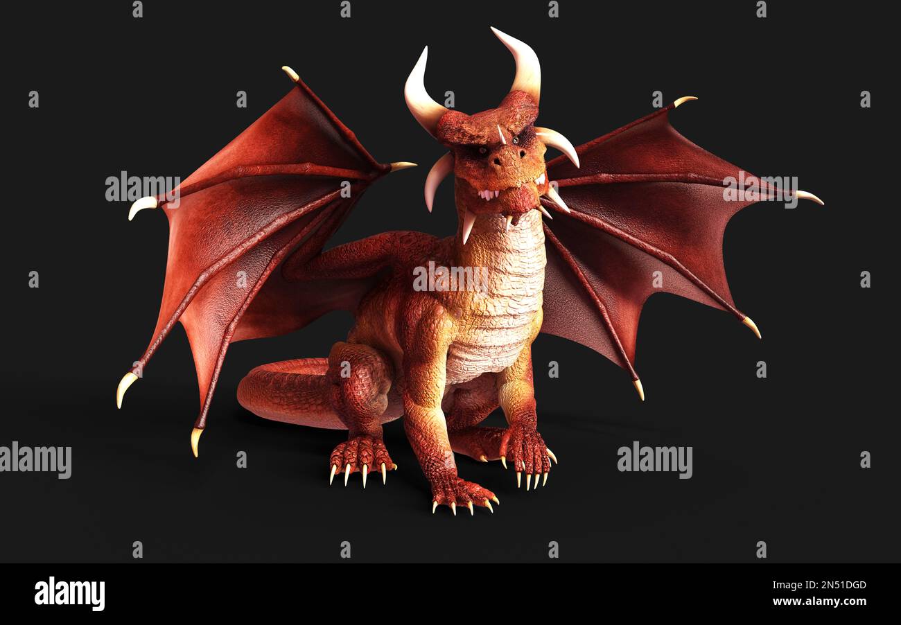 3D-Darstellung eines roten Fantasiedrachen, der isoliert auf schwarzem Hintergrund steht und den Weg zum Schneiden verfolgt. Stockfoto