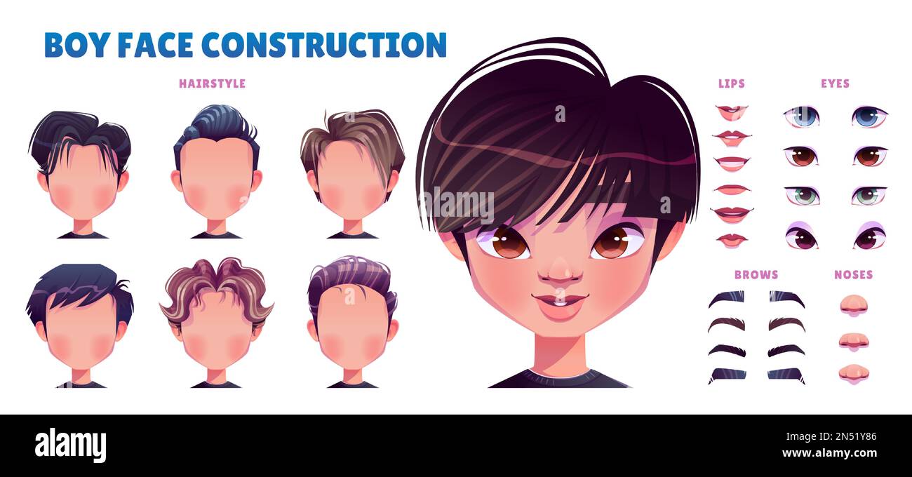 Asiatische Jungen-Avatar-Konstruktion. Männlicher Kindergesichtsgenerator mit Kopfteilen, verschiedenen Augen, Lippen, Nasen, Frisuren, Augenbrauen isoliert auf weißem Hintergrund, Vektorzeichensatz Stock Vektor