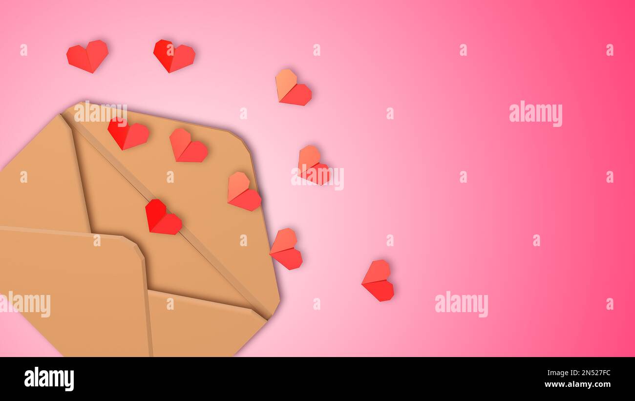 Origami Hearts ziehen aus einem Umschlag Love Concept 3D Illustration Stockfoto