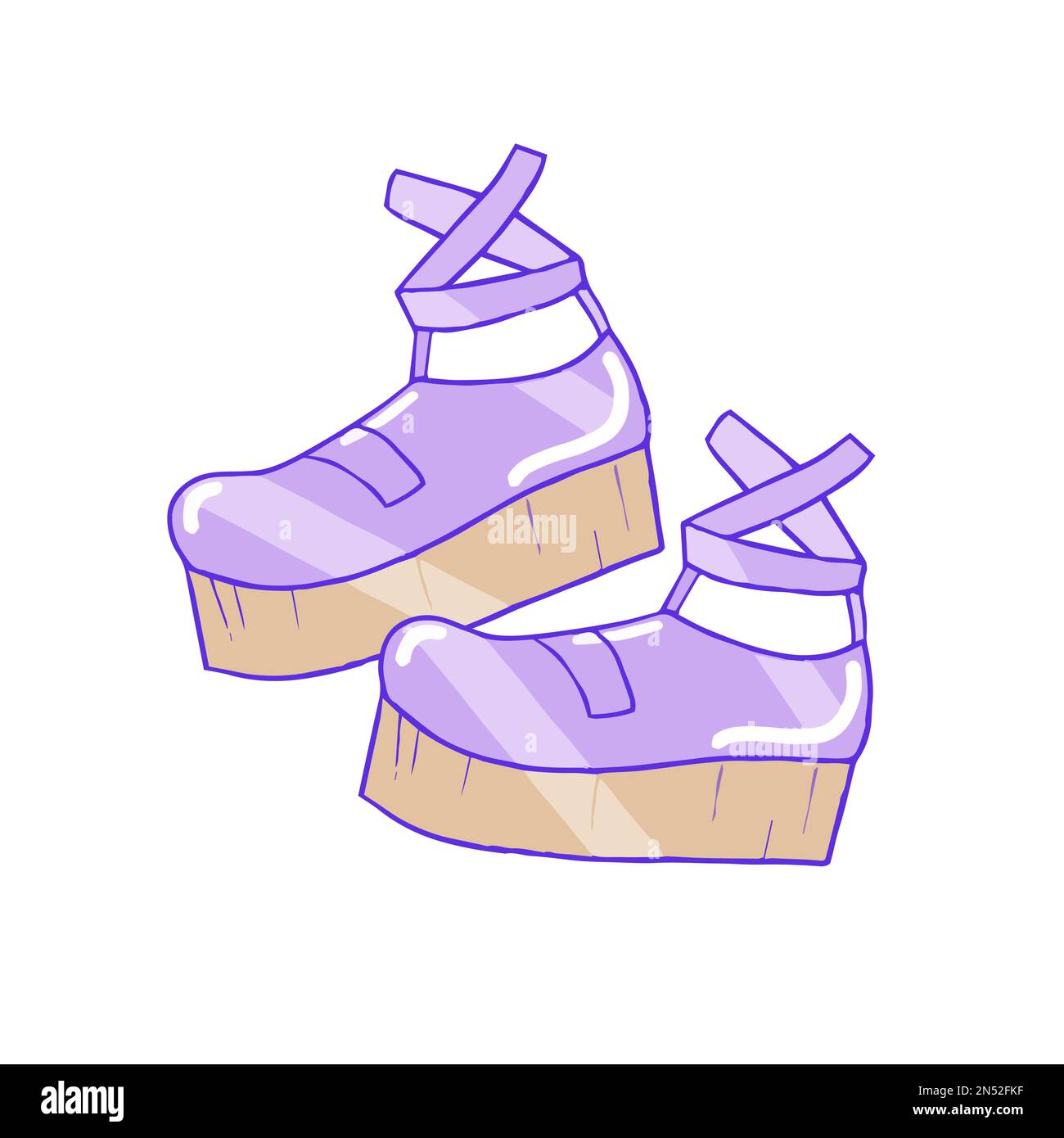 Handgezogene, niedliche japanische Kawaii-Plateau-Schuhe mit 90s-Ästhetik in Lila Stock Vektor