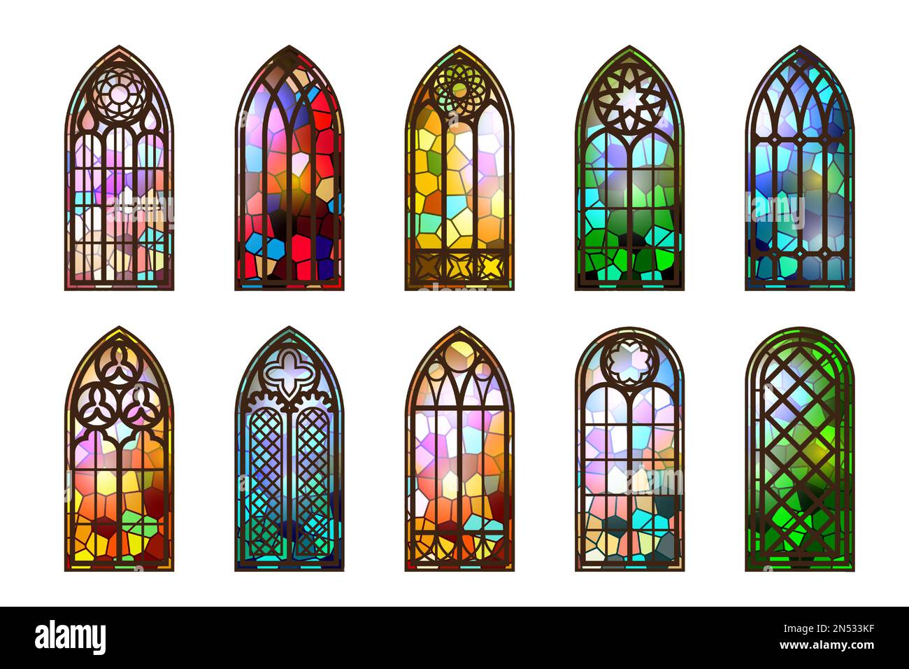 Gotische Buntglasfenster. Mittelalterliche Bögen der Kirche. Mosaikrahmen der katholischen Kathedrale. Altes Architekturdesign. Vektorsatz Stock Vektor