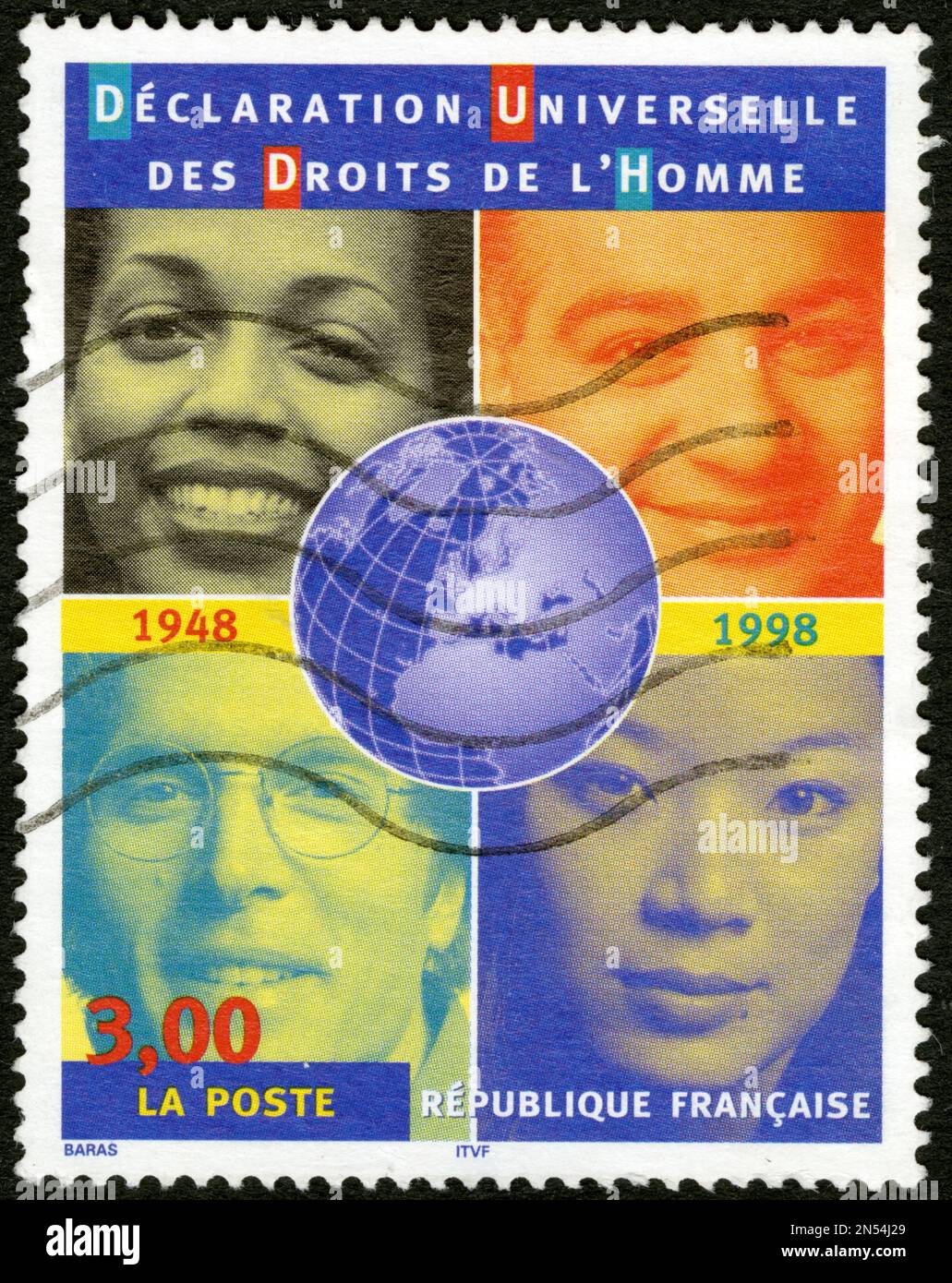 TIMBRE OBLITERE DÉCLARATION UNIVERSELLE DES DROITS DE L'HOMME. LA POSTE. RÉPUBLIQUE FRANCAISE. 1948-1998. 3,00 Stockfoto