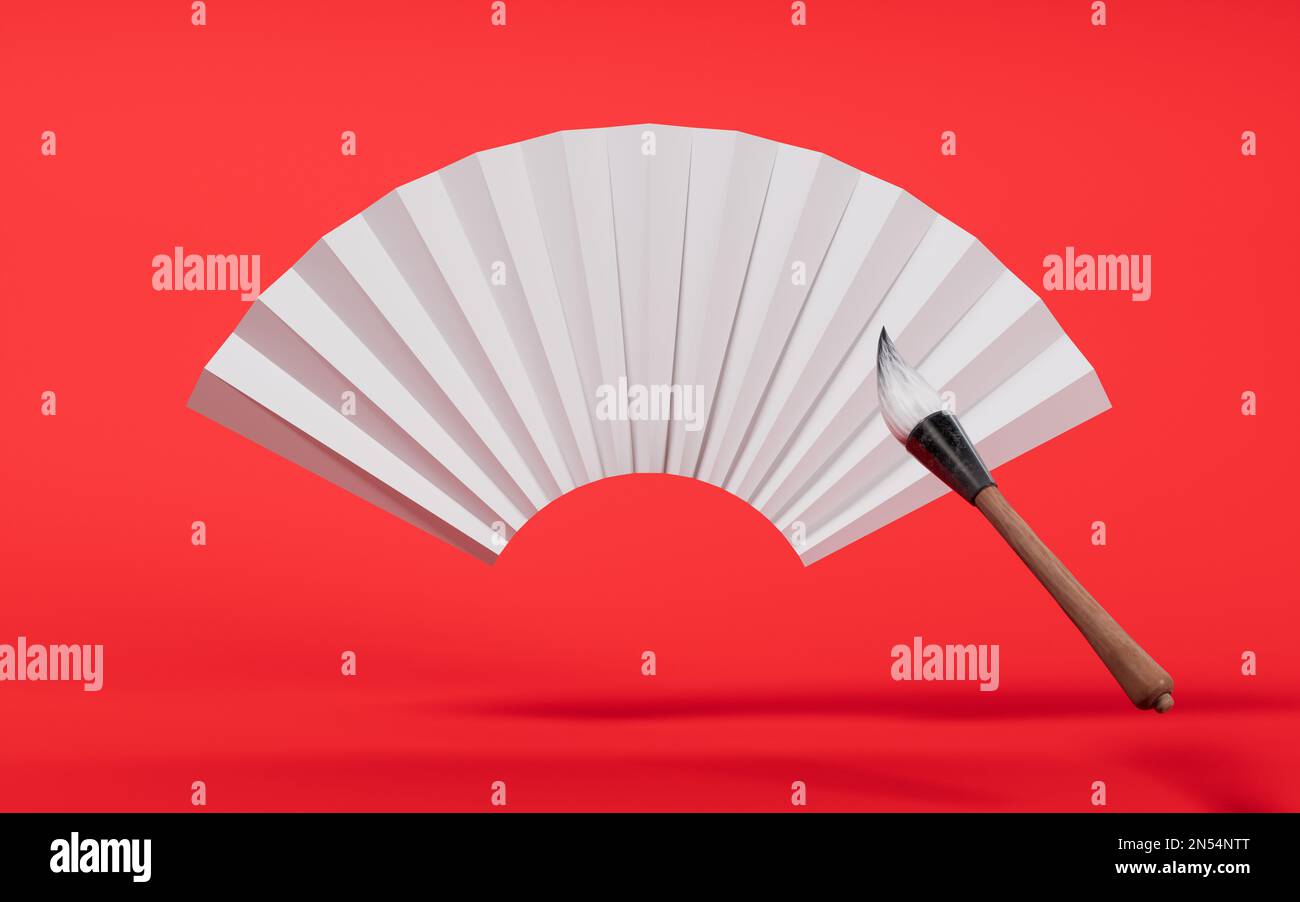 Uralter chinesischer Pinsel und Ventilator, 3D-Rendering. Digitale Zeichnung. Stockfoto