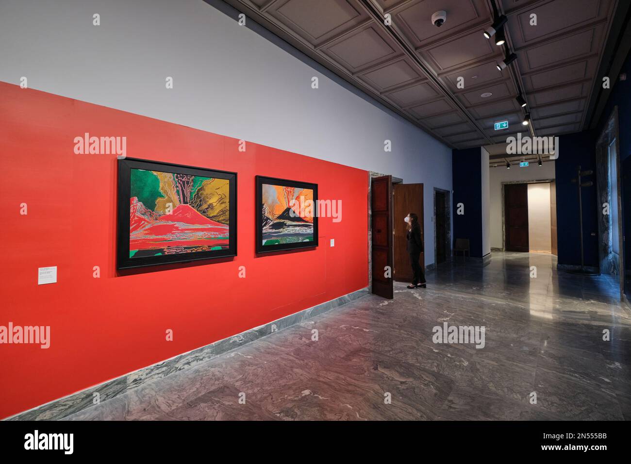 Zwei Versionen von Andy Warhols Pop-Art-Werk, das einen ausbrechenden Vesuv in der Nähe von Pompeji darstellt. Im ehemaligen Banco di Napoli Gebäude, heute das Kunstmuseum Stockfoto