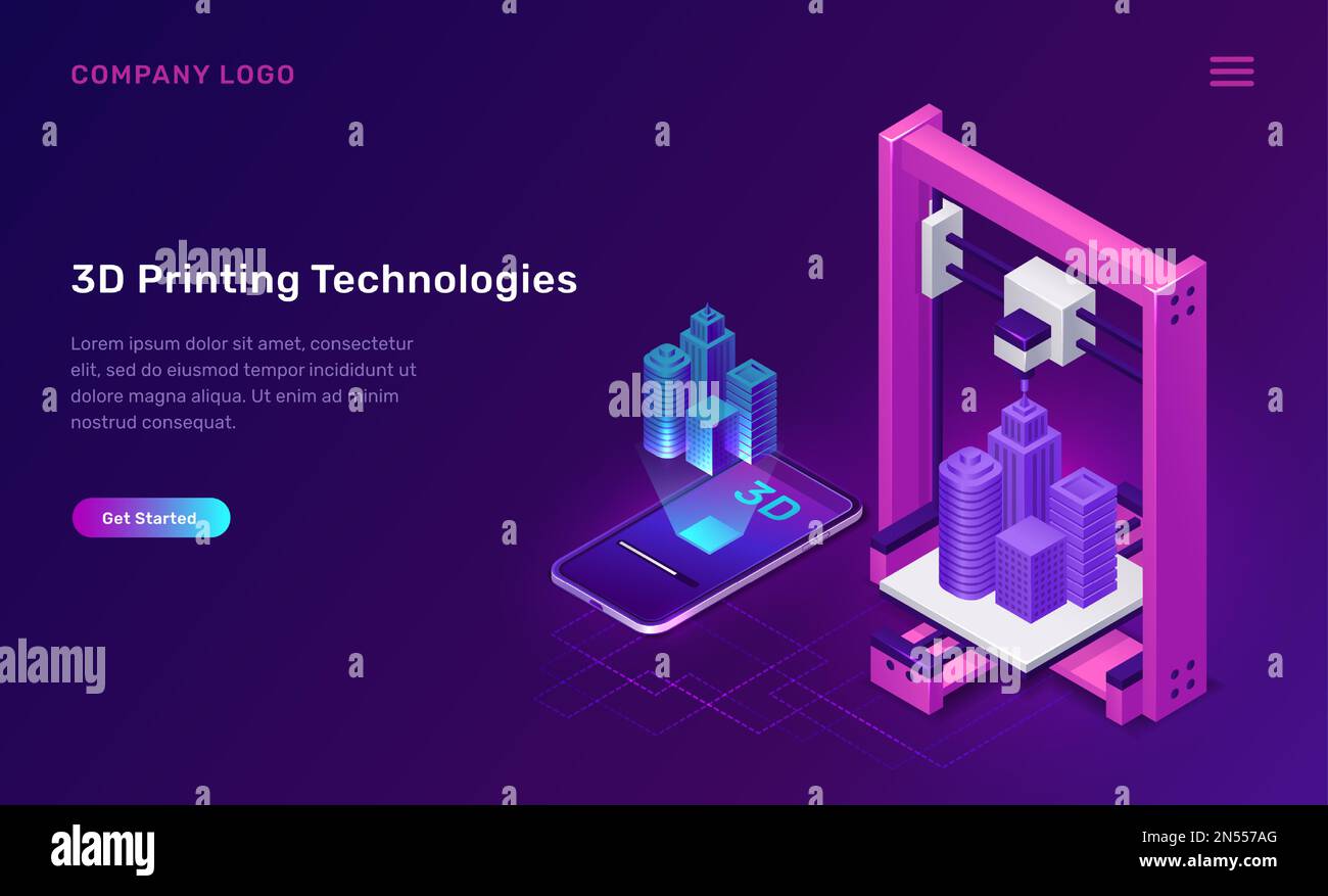 3D-Druckertechnologie, isometrische Konzeptvektordarstellung. 3D-Drucker Prototyp baut, dimensionales virtuelles Modell über Mobiltelefon, Bildschirm zeigt Produktionsprozess, lila Banner Stock Vektor