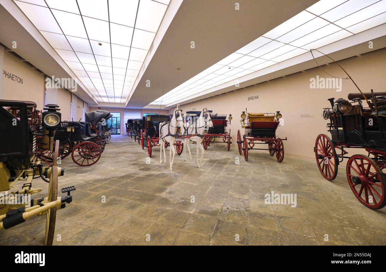 Verschiedene Pferdekutschen, Reisebusse, Wagen, Fahrzeuge sind ausgestellt. Im Kutschenmuseum, neben dem Museo Pignatelli in Neapel, Neapel, Italien, Italien. Stockfoto