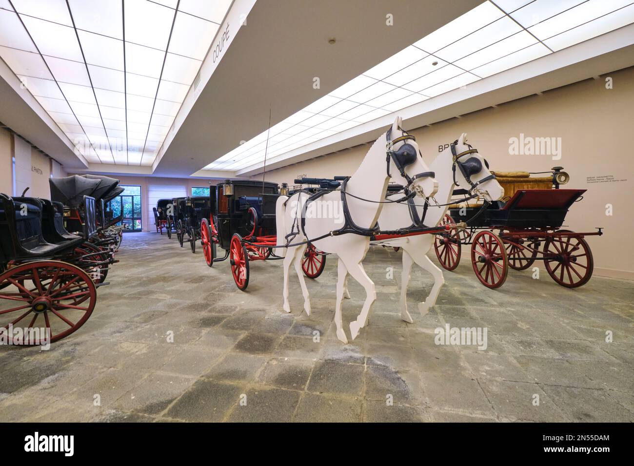 Verschiedene Pferdekutschen, Reisebusse, Wagen, Fahrzeuge sind ausgestellt. Im Kutschenmuseum, neben dem Museo Pignatelli in Neapel, Neapel, Italien, Italien. Stockfoto