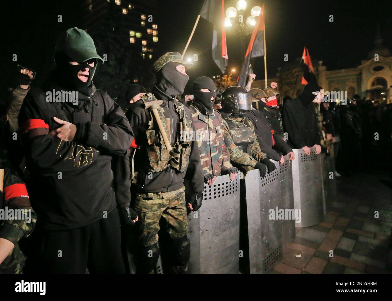 Members of the right wing ultra nationalist Right Sector group block