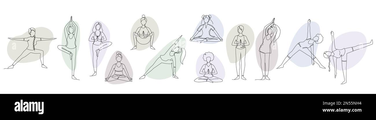 Ein Satz einzeiliger Zeichnungen eines Mädchens, das in einer Yoga-Pose sitzt und steht, Formen abstrakte Hintergründe Stock Vektor
