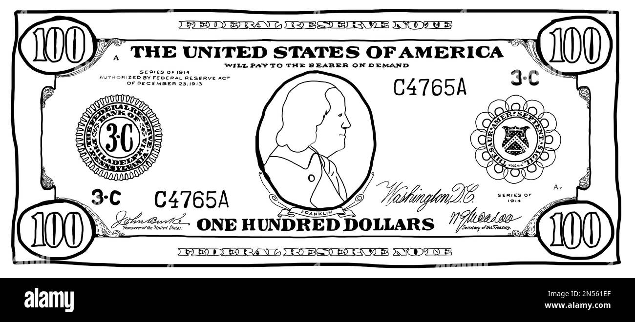 Zeichentrickfilm, handgezogene 100-Dollar-Banknote für Designzwecke Stockfoto