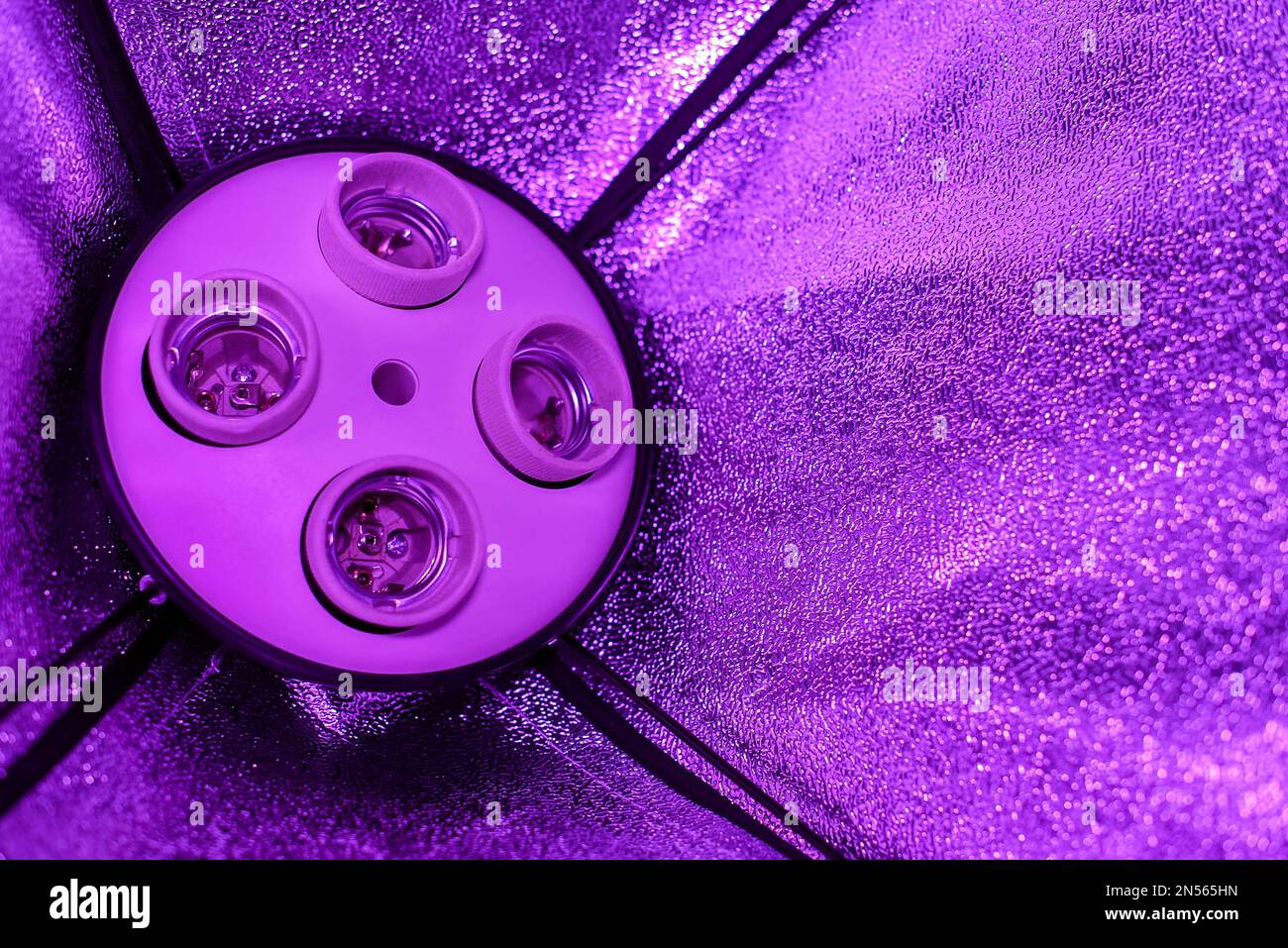 Leerer Plafonds ohne Lampen in einer Studio-Softbox mit Reflektoren steht im lila Halblicht. Stockfoto