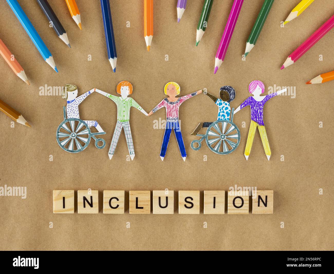 Das Konzept der Integration von Menschen mit Behinderungen aus mehreren ethnischen Gruppen. Auflösung und hochwertige Fotos Stockfoto