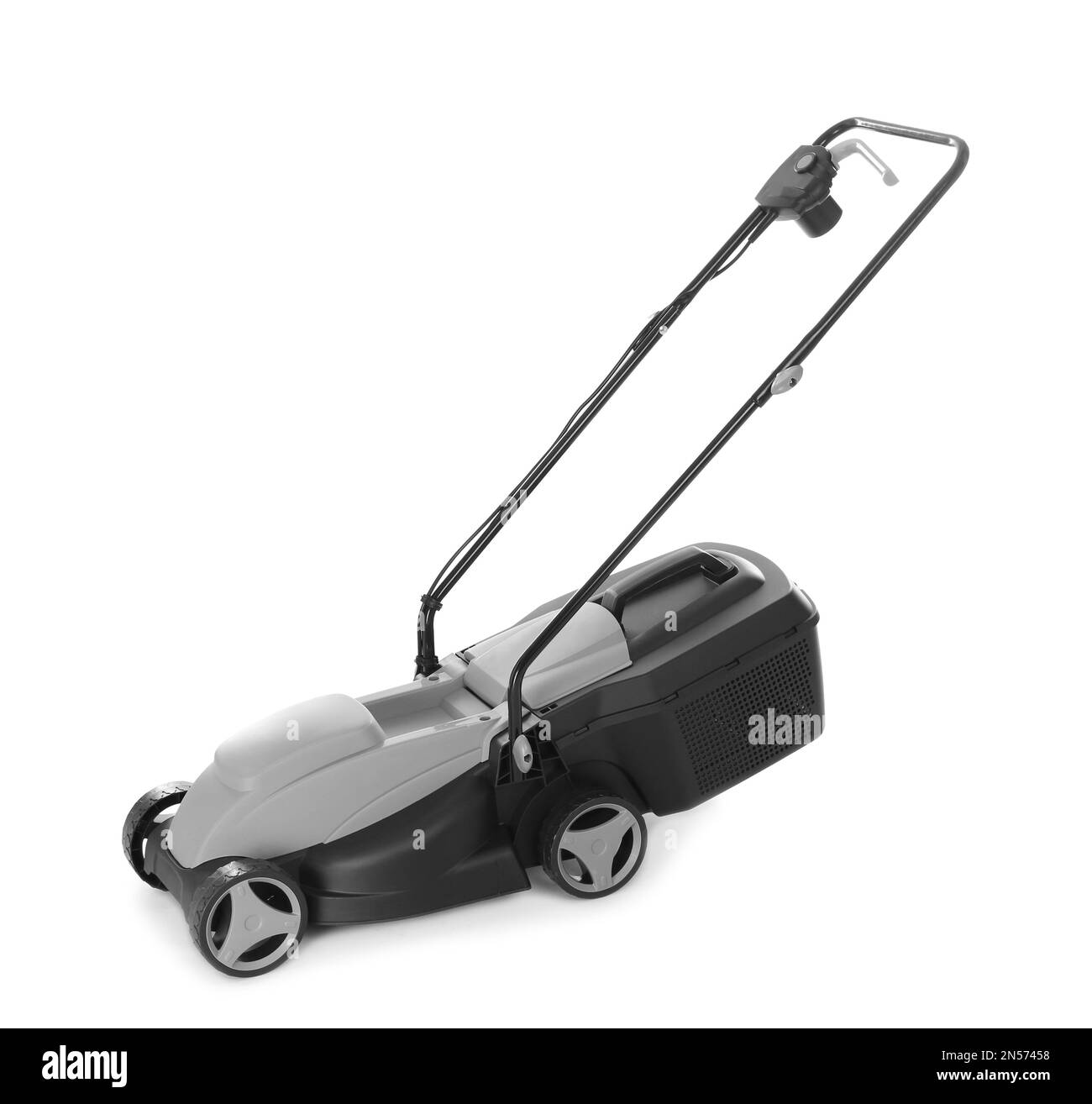 Moderner Rasenmäher isoliert auf weiß. Gartenwerkzeug Stockfoto