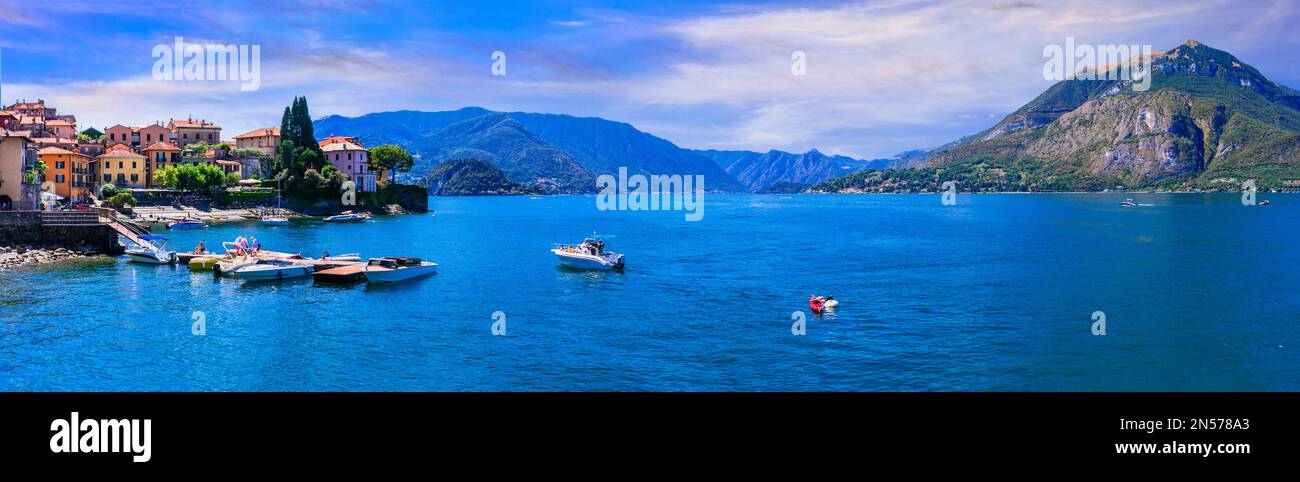 Einer der schönsten Seen Italiens - Lago di Como. Panoramablick auf das schöne Dorf Varenna, beliebte Touristenattraktion Stockfoto