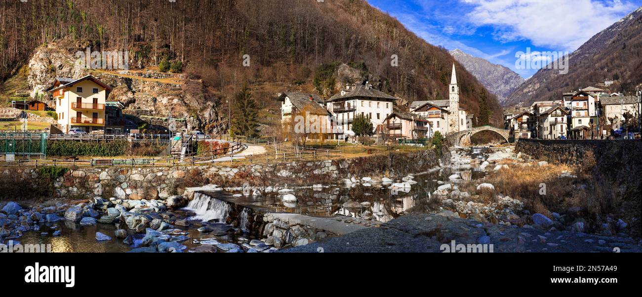 Die malerischsten alpinen Dörfer in der italienischen Region Valle d'Aosta - Fontainemore, mittelalterliches borgo, umgeben von Alpen Stockfoto