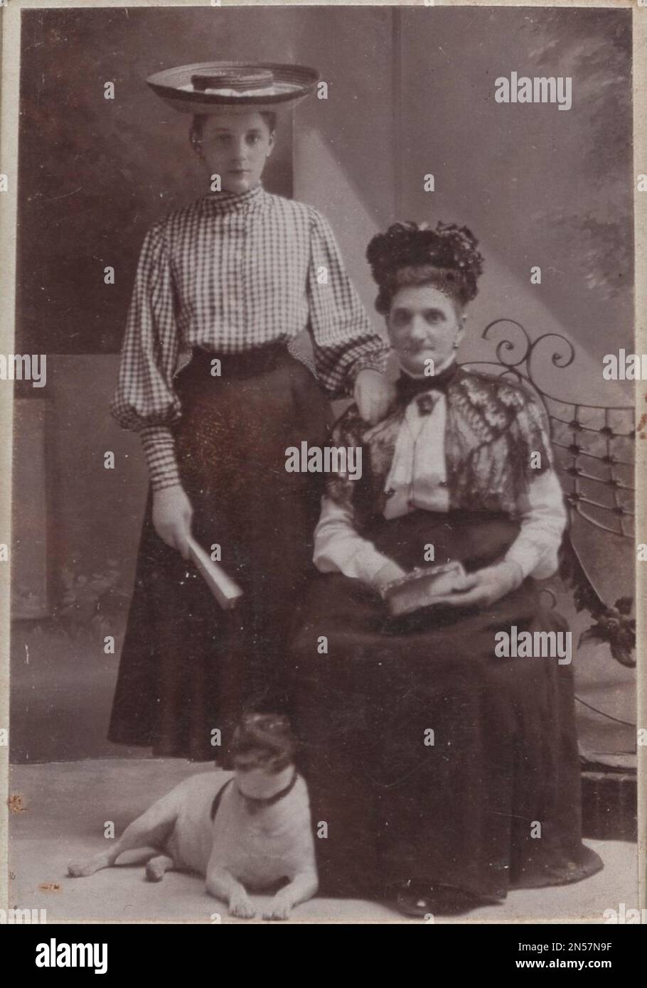 Vintage-Foto über Hunde : Antike Schrank Fotogaph über zwei elegante Damen mit ihnen liebenden kleinen Hund, der im 1890er. / 19h. Jahrhundert für die Kamera lächelt Stockfoto