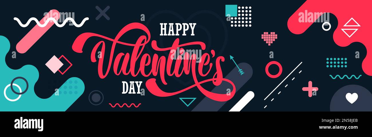 Happy Valentines Day Typografie Retro-Banner mit Love Pink Blue Design geometrischem Hintergrund. Valentinsgrußkarte mit valentinssymbolen. Stock Vektor