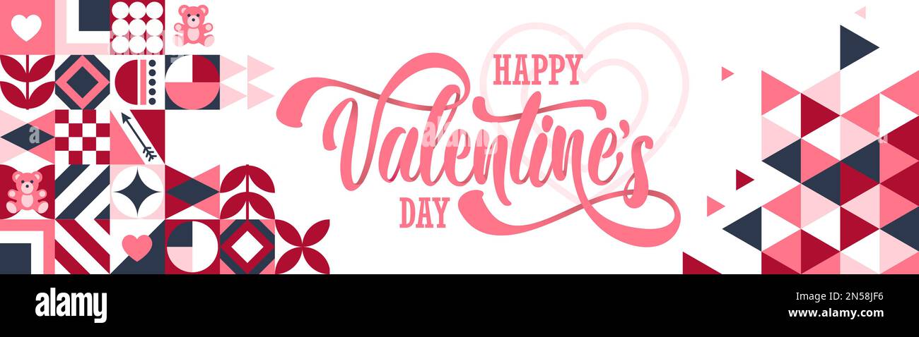Happy Valentines Day Typografie Banner mit Love pink Thema geometrischer Hintergrund. Valentinsgrußkarte mit Ikonen wie Teddybär, Herzen. Stock Vektor