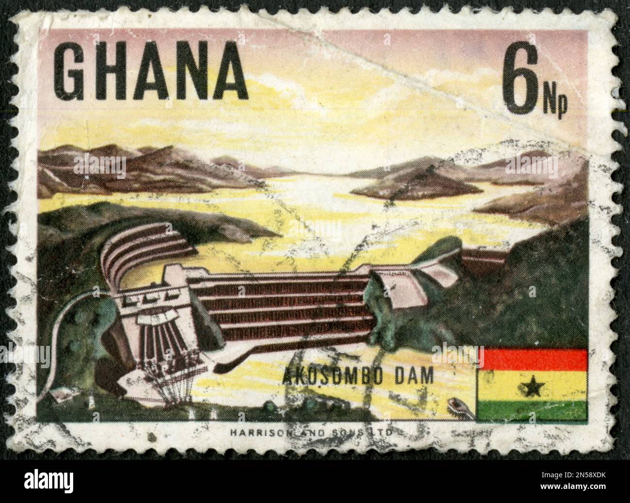 TIMBRE OBLITERE GHANA. AKOSOMBO-STAUDAMM. 6NP Stockfoto