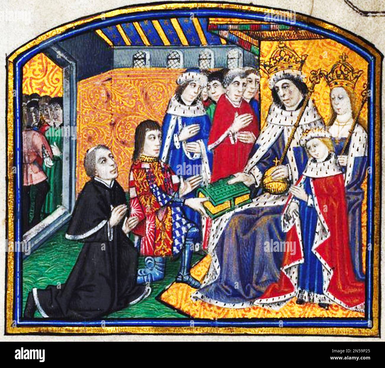 DAS ERSTE GEDRUCKTE BUCH AUF ENGLISCH Anthony Woodville präsentiert König Edward VI um 1480 das erste Buch, das in englischer Sprache gedruckt wurde. Woodville übersetzte das Buch "Dicles and Sayings of the Philosophen" und es wurde von William Caxton gedruckt Stockfoto