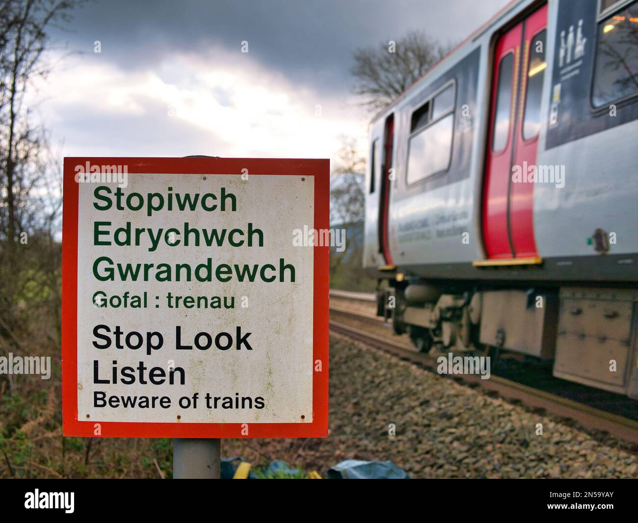 Ein Zug passiert ein Warnschild mit der Aufschrift „Stop Look Listen“ auf Walisisch und Englisch an einem Fußweg, der eine Bahnlinie kreuzt. An einem bedeckten Tag im Winter Stockfoto