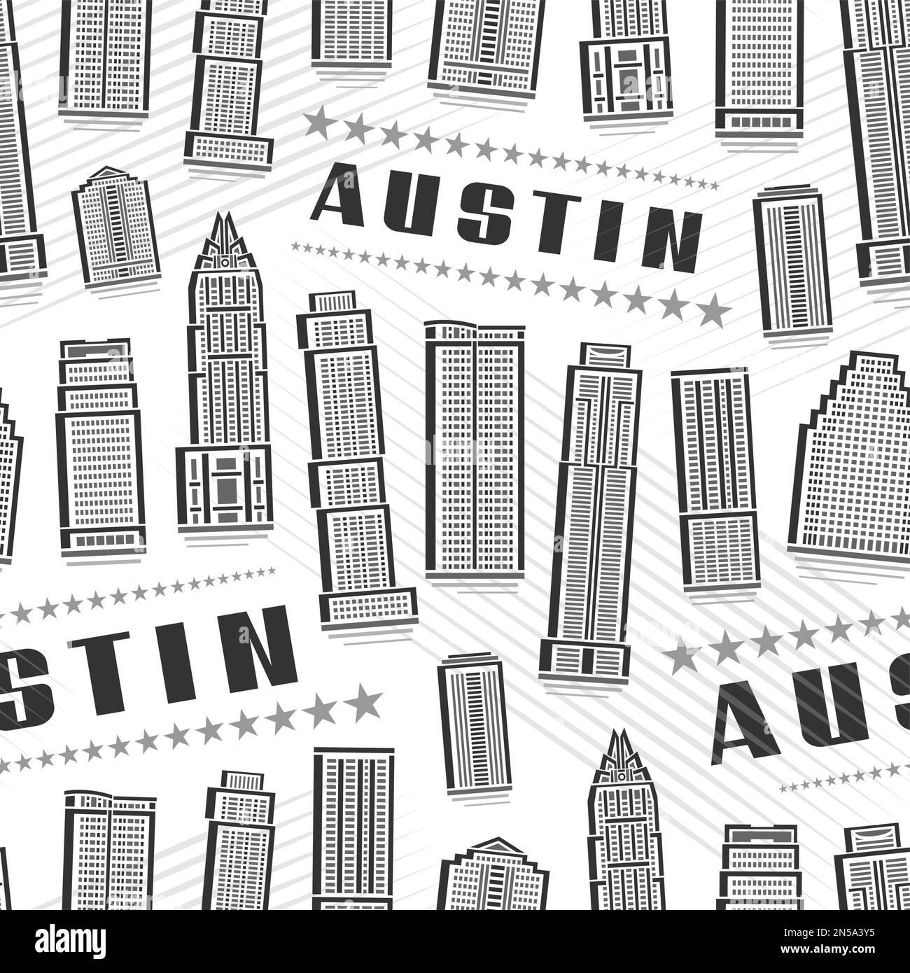 Vector Austin Seamless Pattern, quadratischer Wiederholungshintergrund mit Illustration der berühmten Austin Stadtlandschaft auf weißem Hintergrund für Geschenkpapier, Monochr Stock Vektor