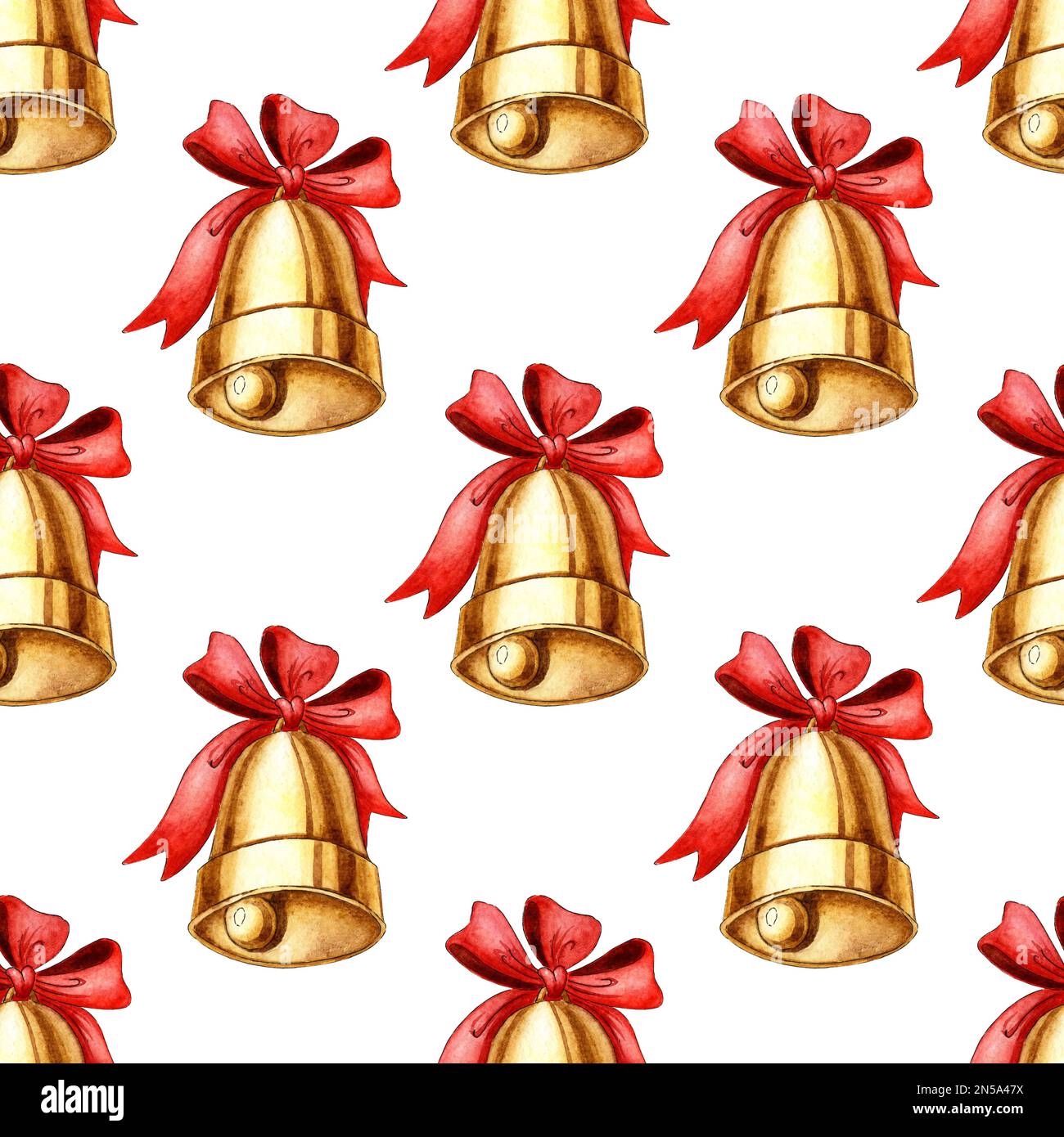 Goldene Metallglocke mit Aquarellmuster und roter Schleife auf weißem Hintergrund. Symbol für Weihnachten und Neujahr, Schulglocke, alte Glocke. Von Hand gezeichnet. Stockfoto