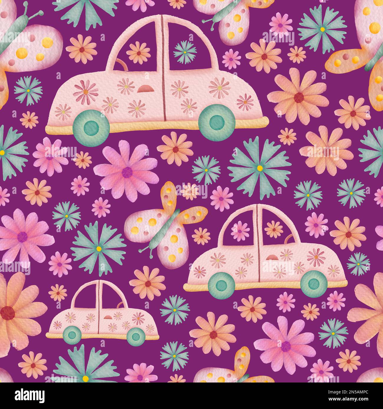 Autos, Schmetterlinge und Blumen Retro-Aquarell-Illustration Nahtloses Wiederholungsmuster auf pinkfarbenem Hintergrund Stockfoto