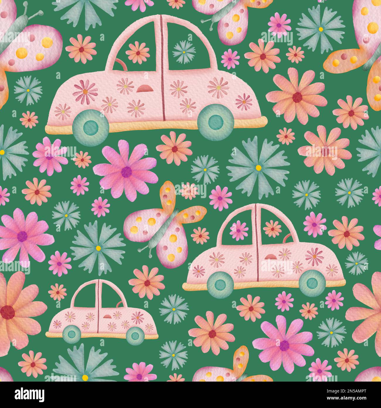 Autos, Schmetterlinge und Blumen Retro-Aquarell-Illustration Nahtloses Wiederholungsmuster auf grünem Hintergrund Stockfoto