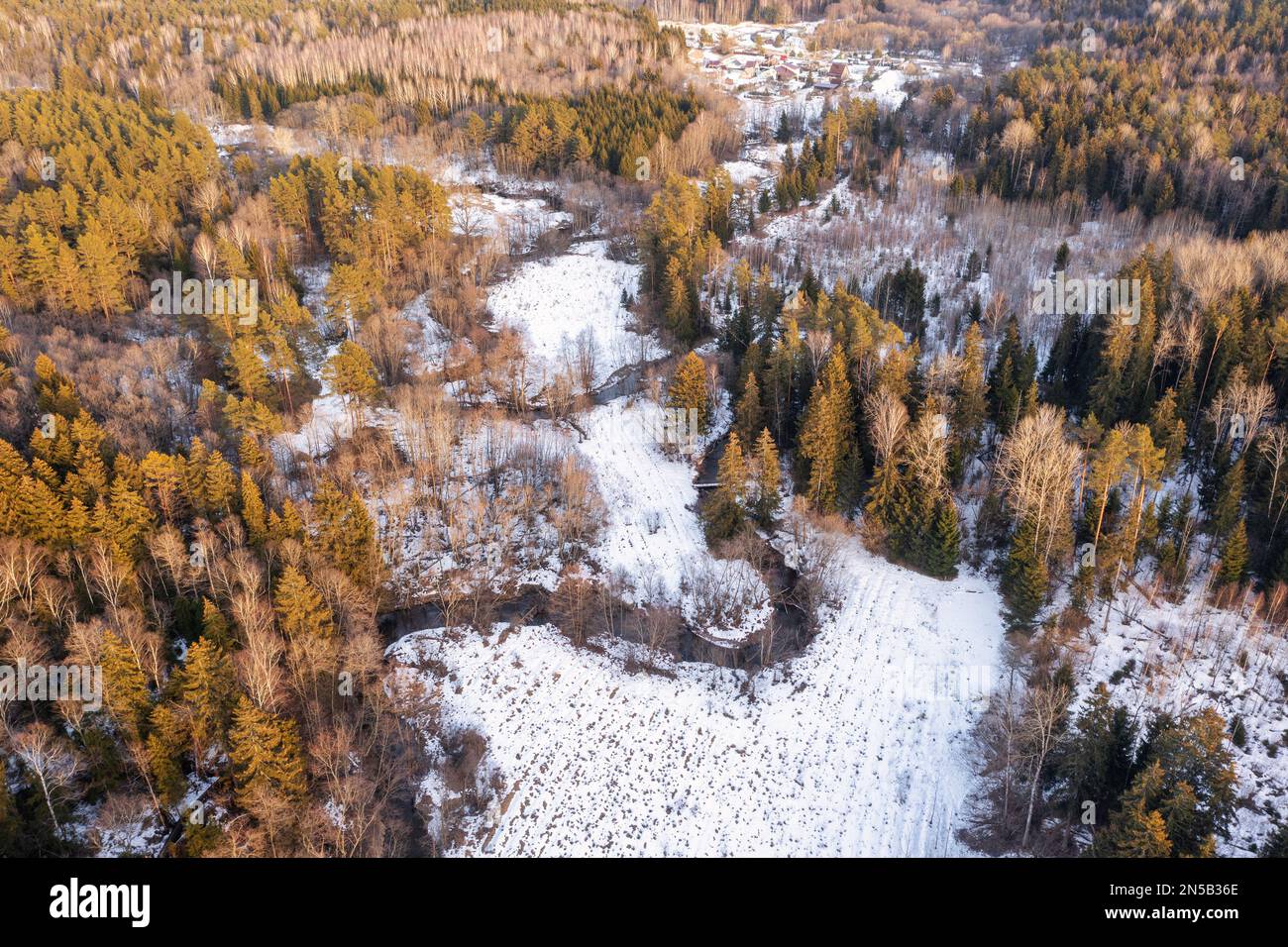Ländliche Naturlandschaft im Frühling. Gewundene Flüsse durch Pinienwälder und schneebedeckte Felder Stockfoto