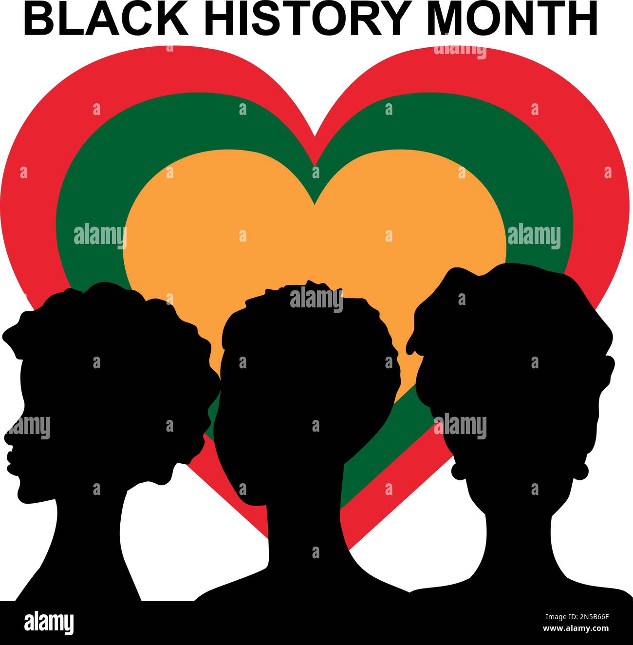 Schwarzer Geschichtsmonat. Silhouetten für Damen mit Herz in Gelb, Rot und Grün. Afroamerikanische Geschichte. Wird jährlich gefeiert. Stock Vektor