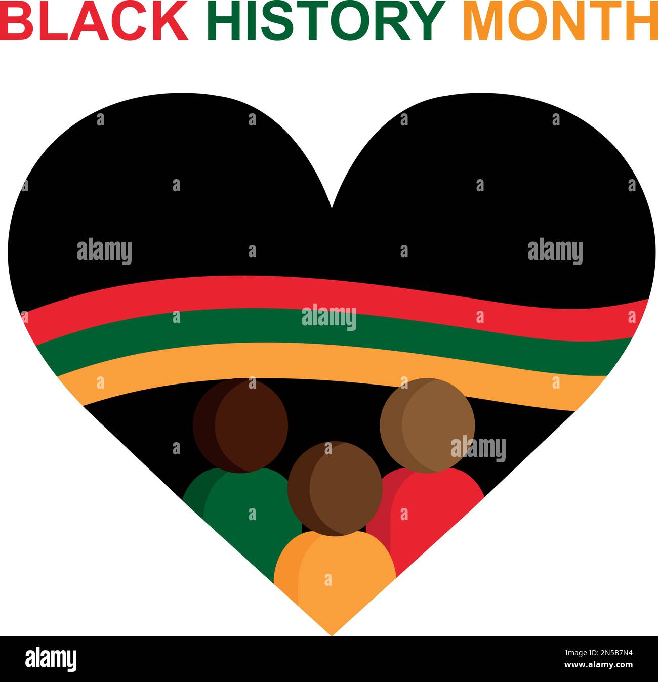Schwarzer Geschichtsmonat. Afroamerikanische Geschichte. Schwarzes Herz mit einer grünen, gelben und roten Flagge. Personensymbole. Wird jährlich gefeiert. Stock Vektor