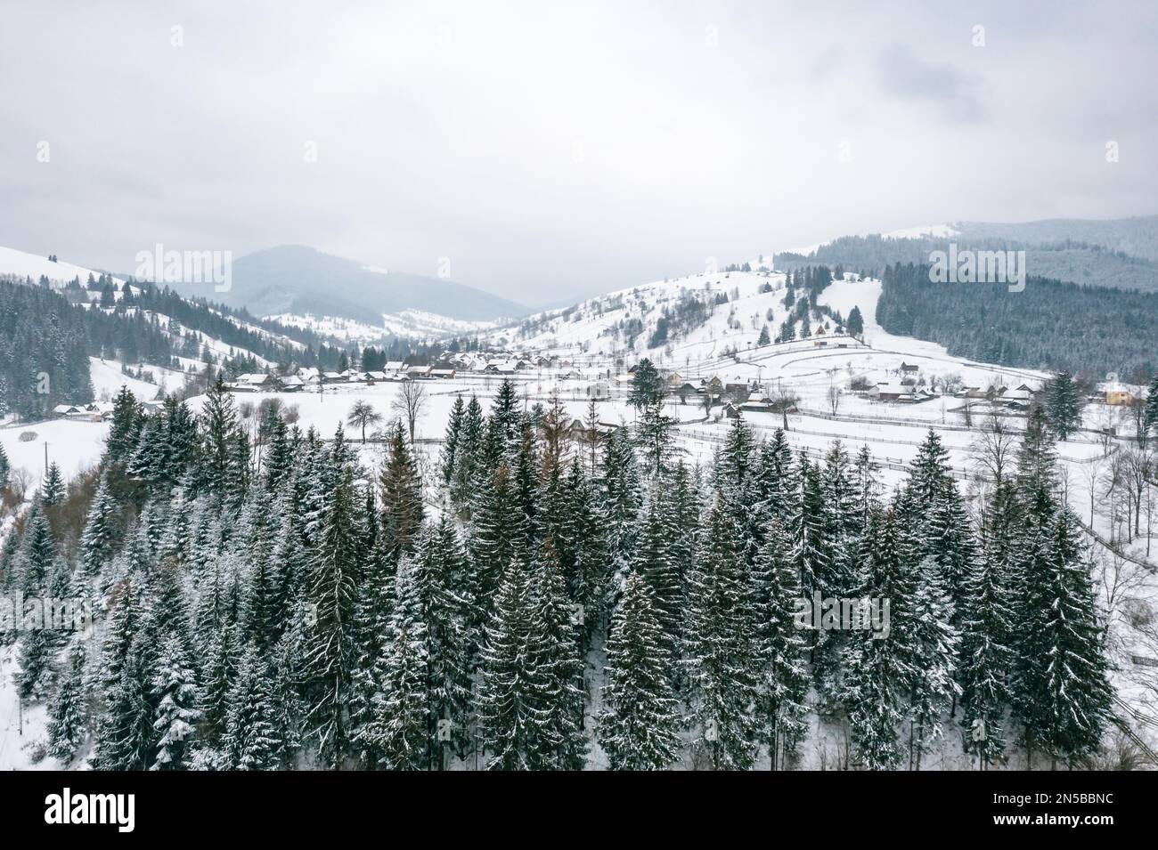 Luftaufnahme des Pinienwaldes und eines kleinen, schneebedeckten Dorfes in den Karpaten Rumäniens, Rarau-Gebirge. Bewölkte Wetterbedingungen Stockfoto