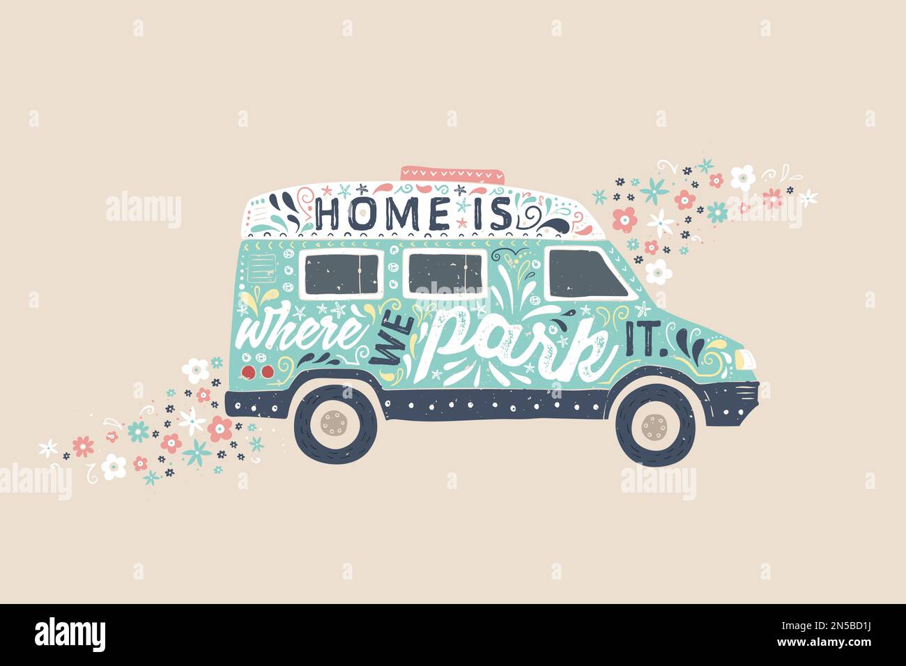 Schöne, farbenfrohe handgezeichnete Schriftzeichen in einer Campervan-Silhouette. Ideal für Vanlife-Textilien, Tassen, Poster, Karten, Banner. Stock Vektor