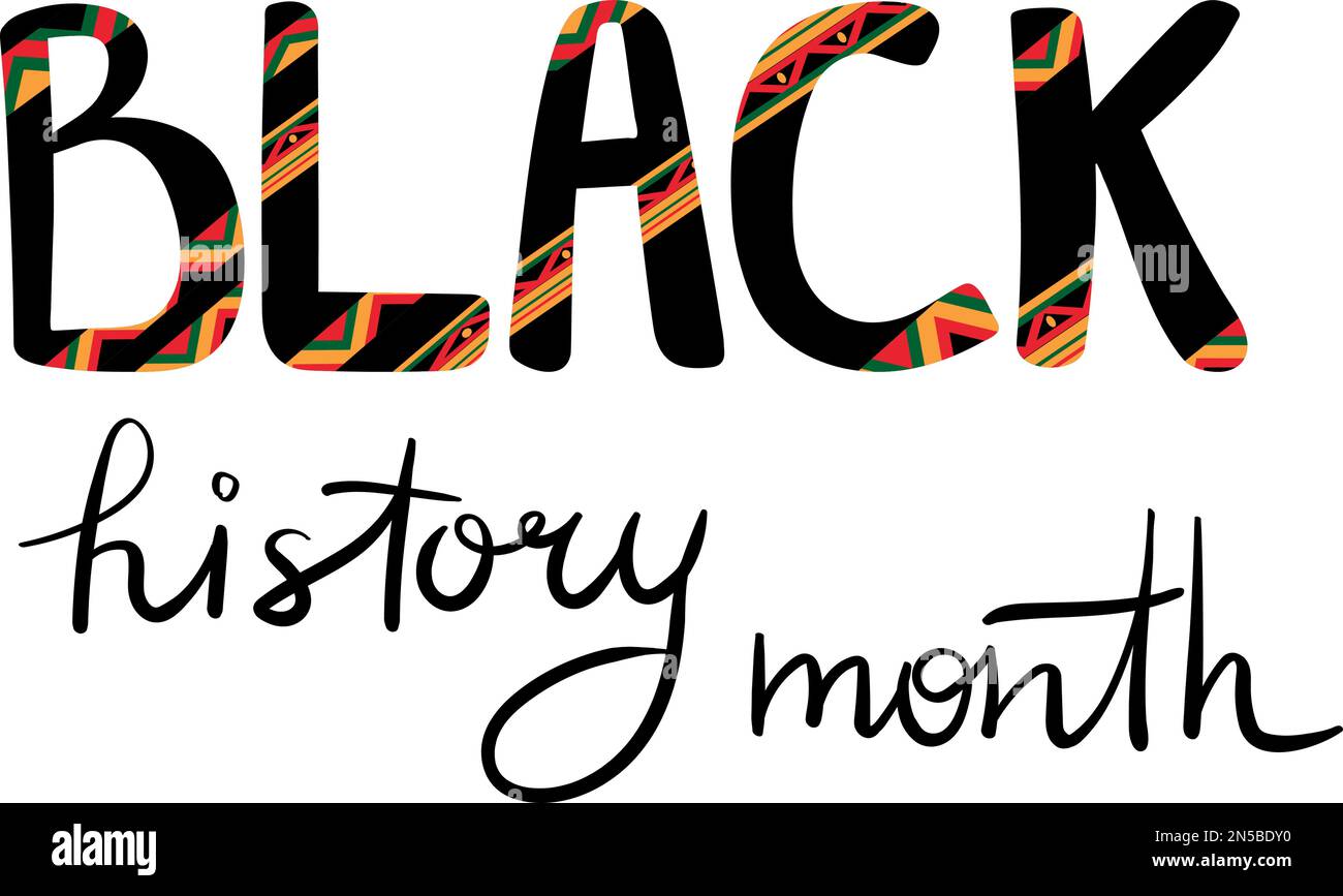 Schwarzer Geschichtsmonat. Afroamerikanische Geschichte. Wird jährlich gefeiert. Beschriftung mit geometrischem Muster in Grün, Gelb und Rot. Isoliert auf weiß Stock Vektor