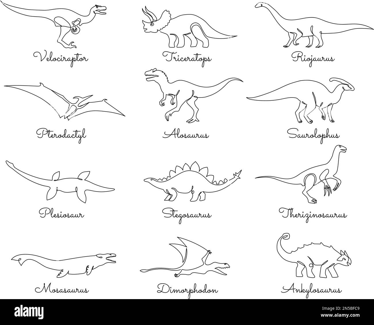 Einreihige Dinosaurier. Jurassic-Dino, Raubtiere und Pflanzenfresser prähistorische Tiere, von Hand gezeichnete einzeilige Dinosaurier-Silhouetten-Vektor-Zeichnungsset Stock Vektor