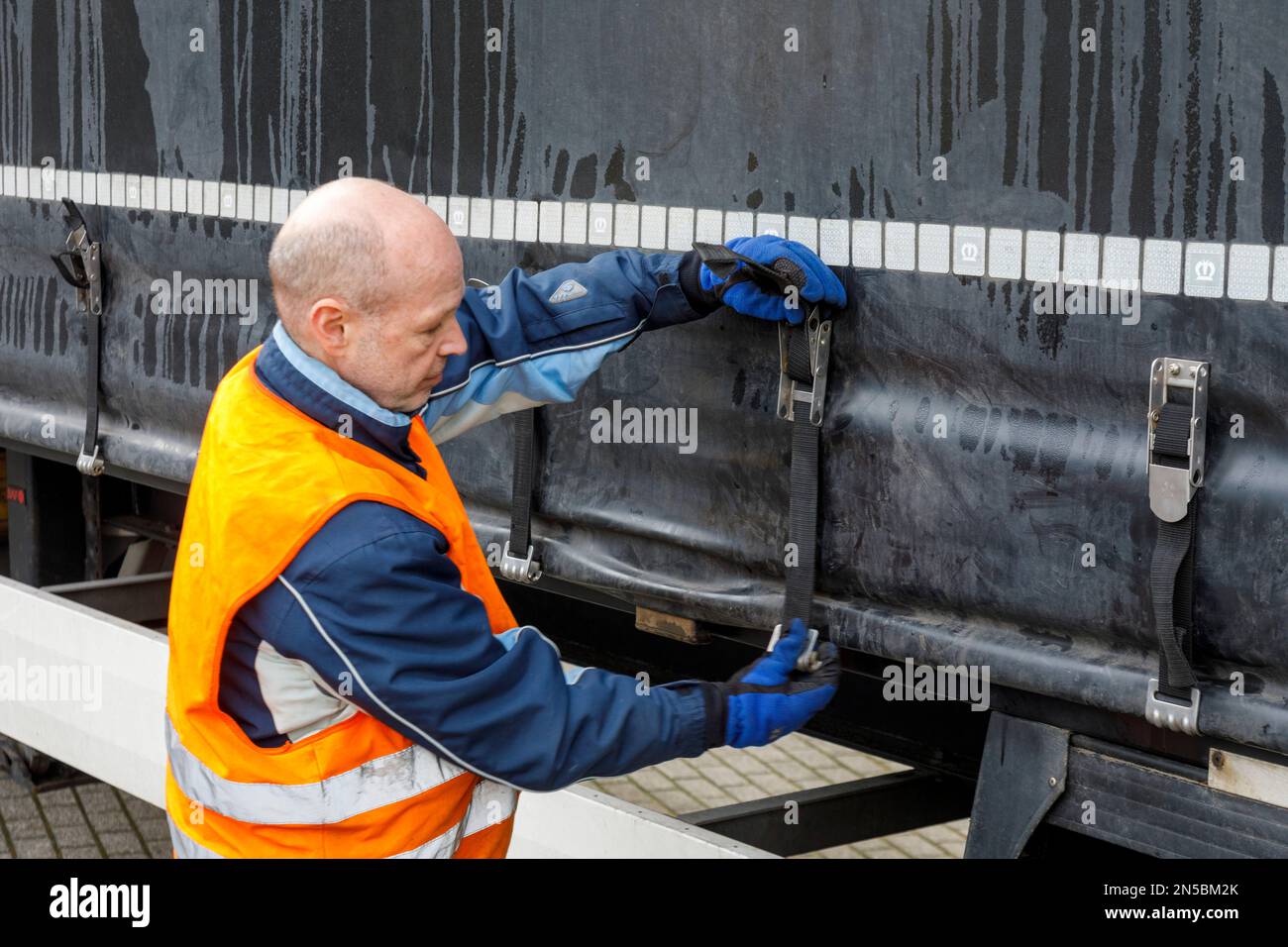 Güterverkehr, professionelle Fahrer beim Öffnen der LKW-Plane in der Ladezone Stockfoto