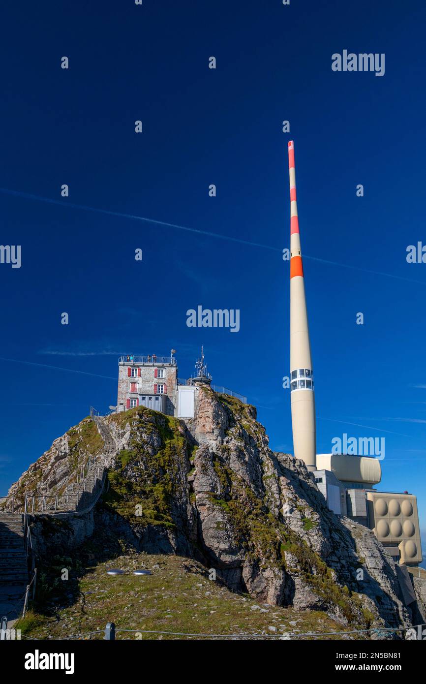 SAENTIS-Gipfel mit Senderturm, Schweiz, Appenzell Stockfoto