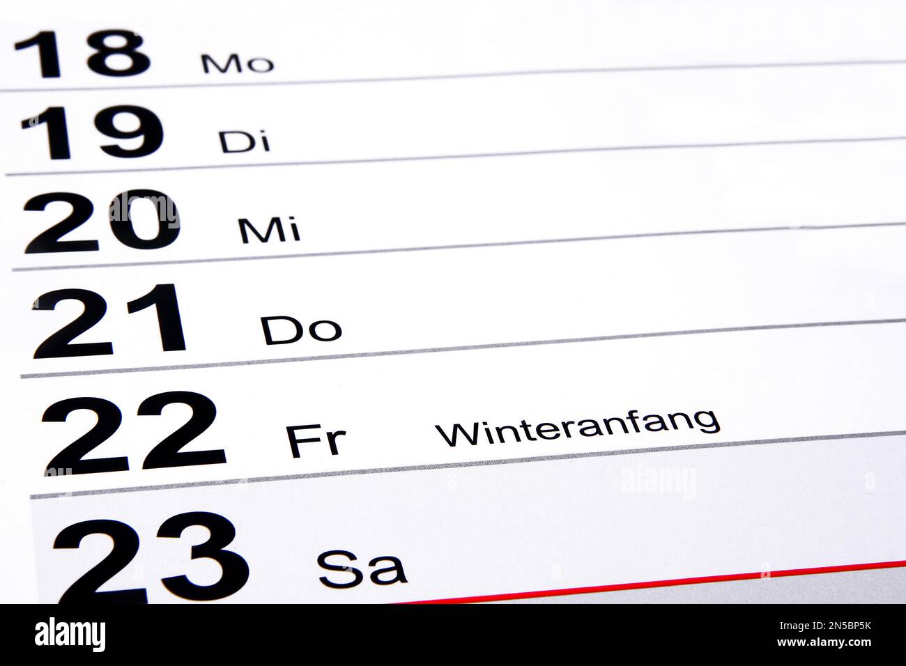 Jahreskalender 2023 auf Deutsch, Anfang Winter, Dezember 22 Stockfoto